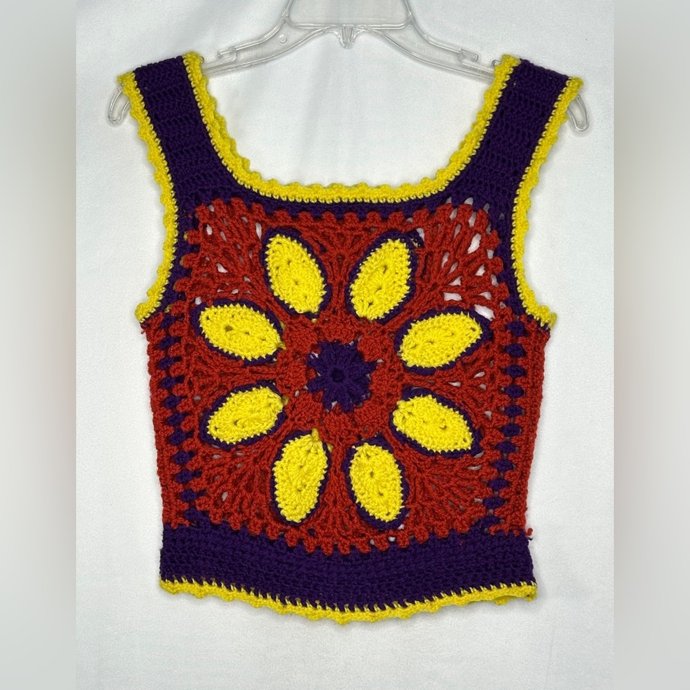 Handmade Crocheted Vest‎ Tank Top Purple Yellow Rust Vintage